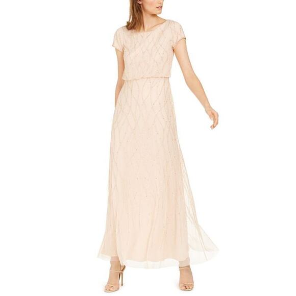 Adrianna Papell Women's Pink Short Sleeve Embellished Overlay Gown Sz 4 NWTS - Picture 1 of 7